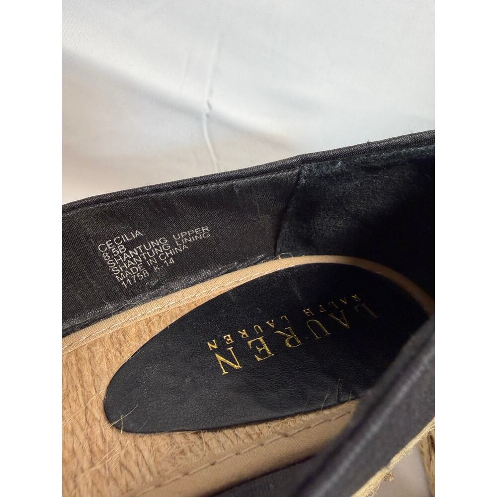 Lauren Ralph Lauren Cecilia Espadrille Wedge Sandals Shantung Black Peep Toe 8.5 - Picture 4 of 6